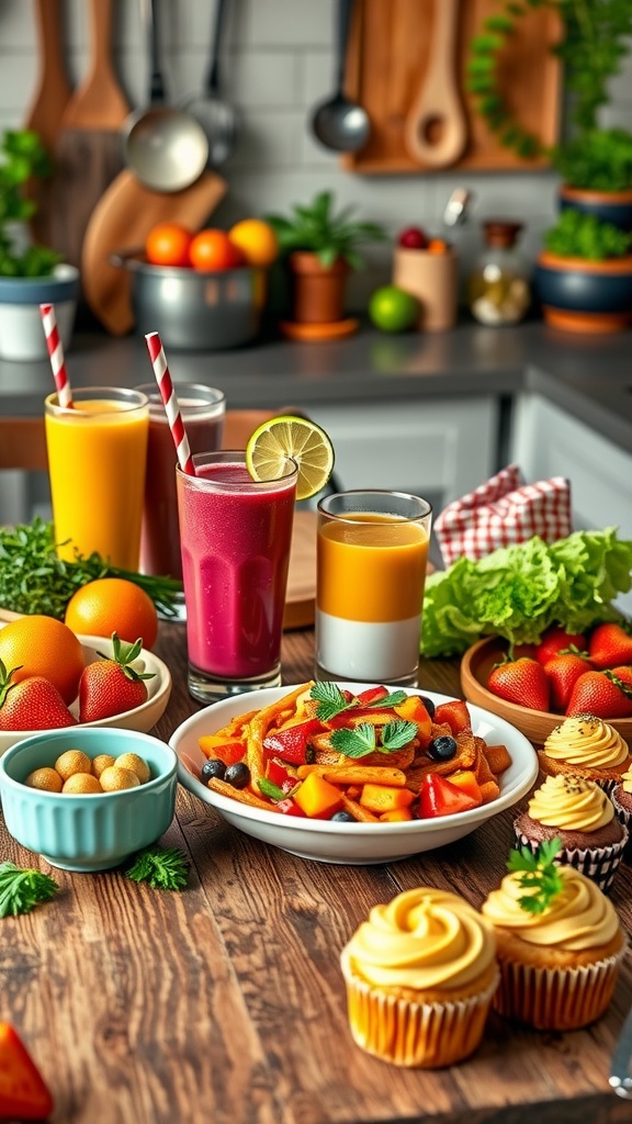 A collection of vegan dishes for Sims 4 including smoothies, stir-fry, and cupcakes in a cozy kitchen.